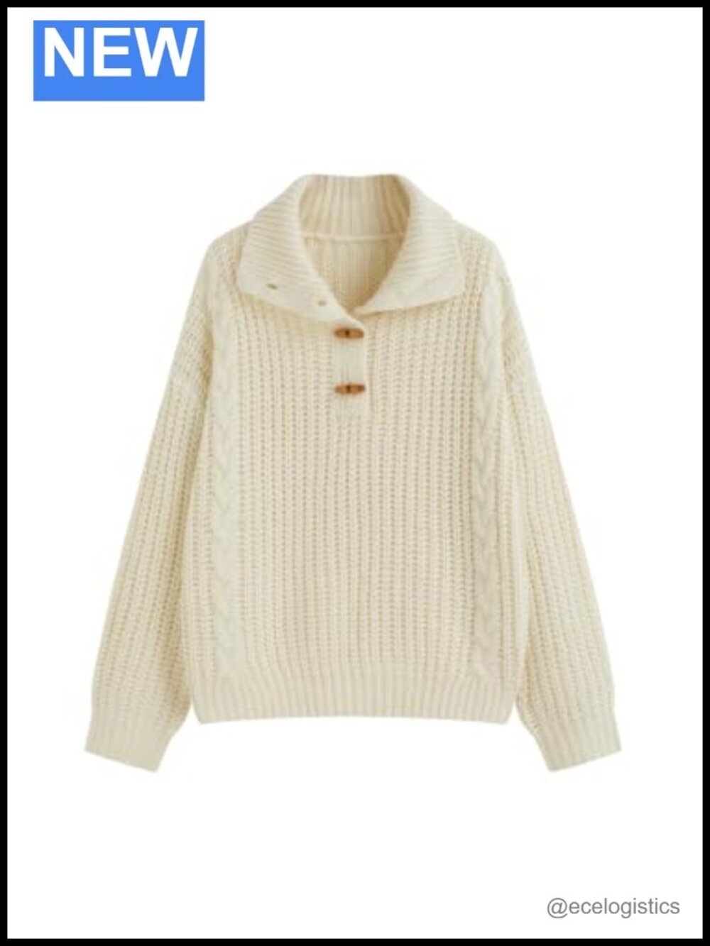 Loose Fit Knitted Collar Neck Button Long Sleeve Sweater Pullover